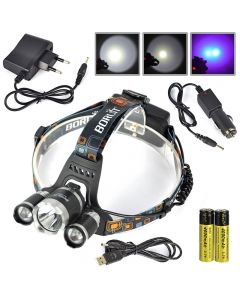 Super Bright Ultraviolet 5000 Lumen T6+2R5 UV LED Headlight Headlamp +Ac/Car/Usb Charger+2*18650 Battery